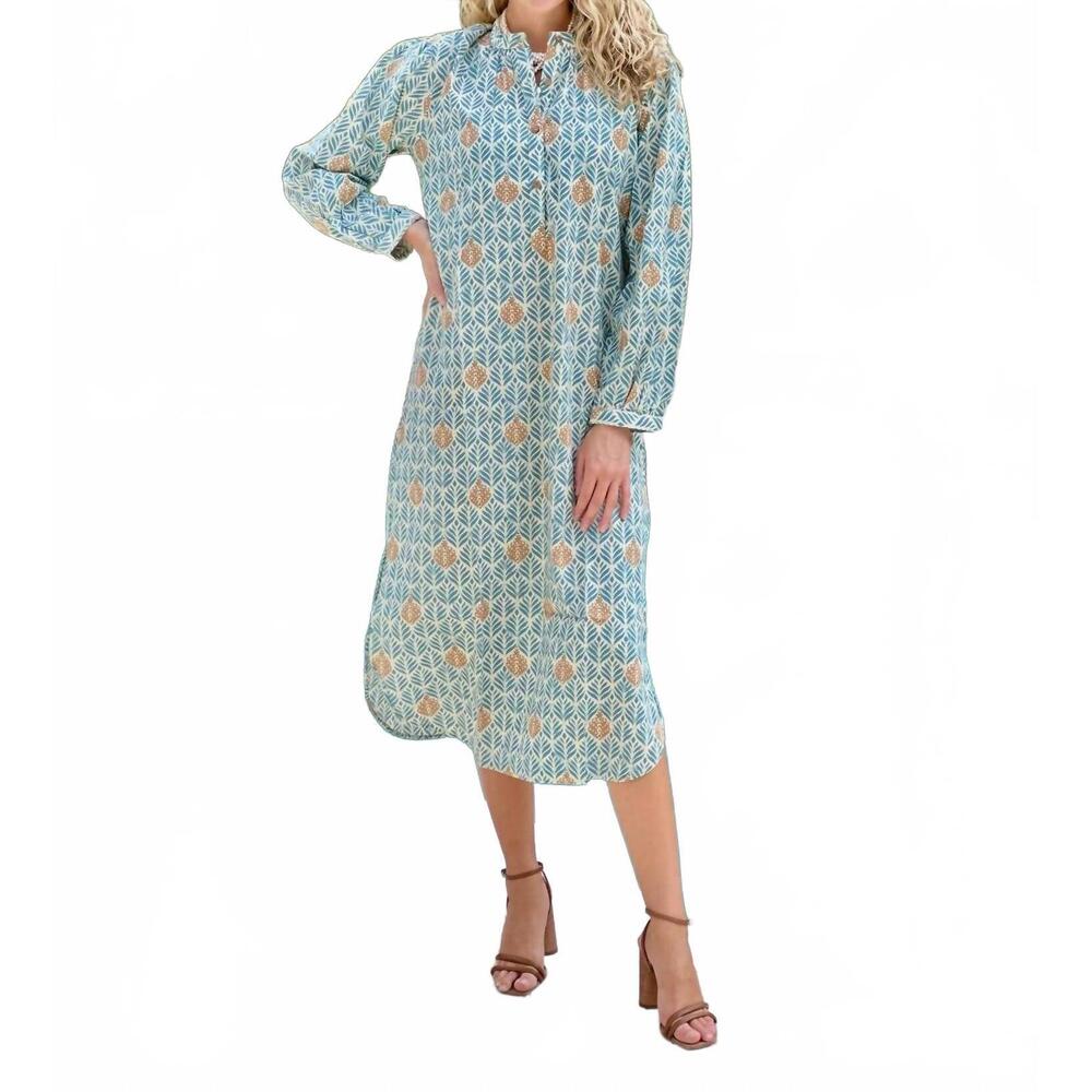 NEW JUST DARVINY sunita long sleeve kaftan in colony blue